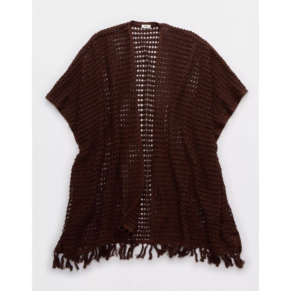 Aerie Open Crochet Fringe Cape Brown One Size NWOT Sold Out Style
